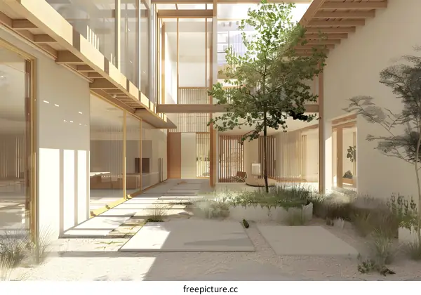 Modern Courtyard Design with Wooden Beams and Minimalist Style
