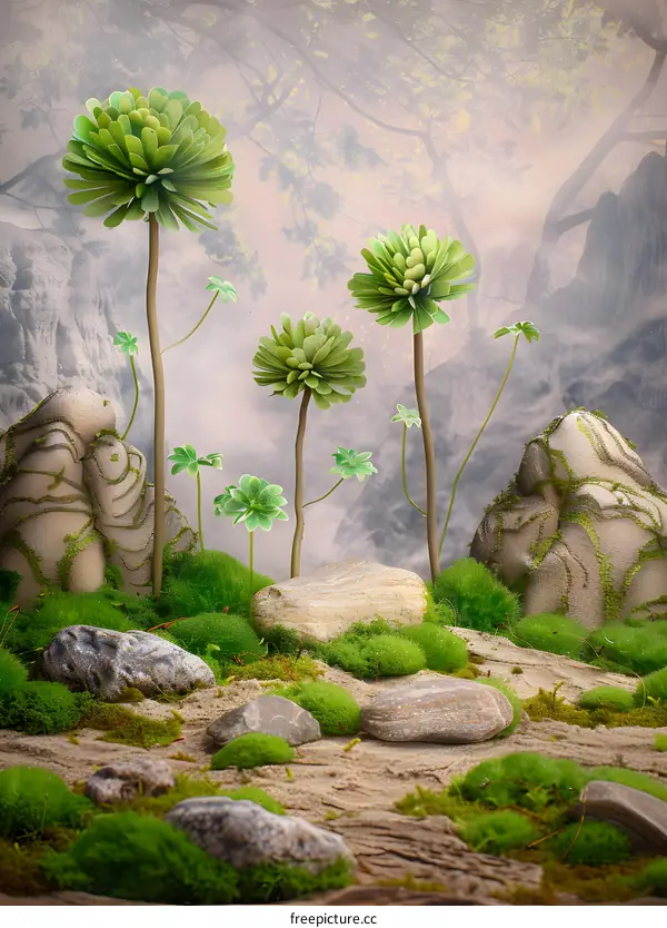 Fantasy Forest with Green Trees and Mossy Rocks