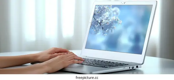 Woman Working on Laptop with Spring Flowers