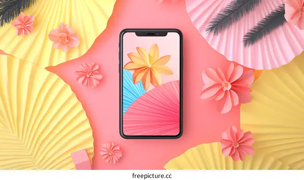 Minimalist Phone Mockup with Pastel Colored Paper Flowers