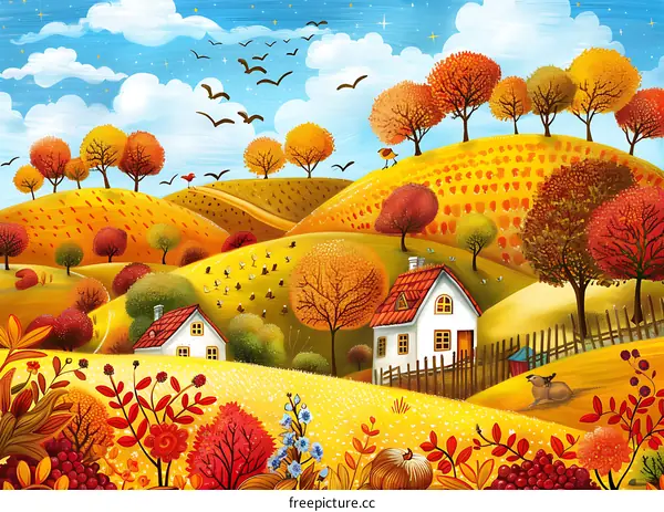 Autumn Landscape with Houses and Birds