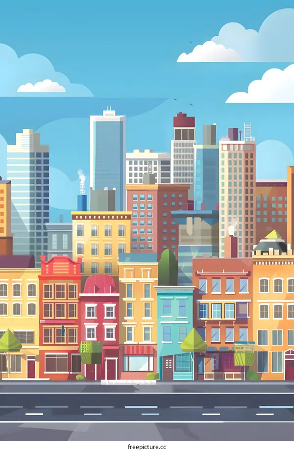 Cityscape Illustration with Buildings and Road