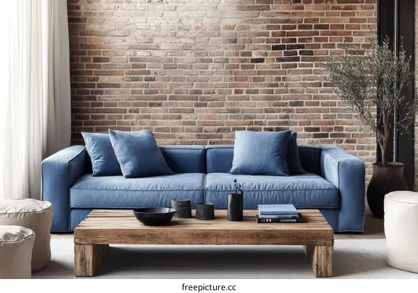 Modern Living Room with Brick Wall and Blue Sofa