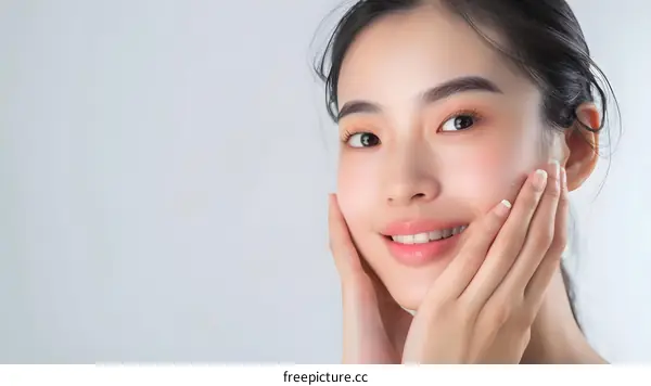 Smiling Asian Woman With Clean Skin Touching Her Face