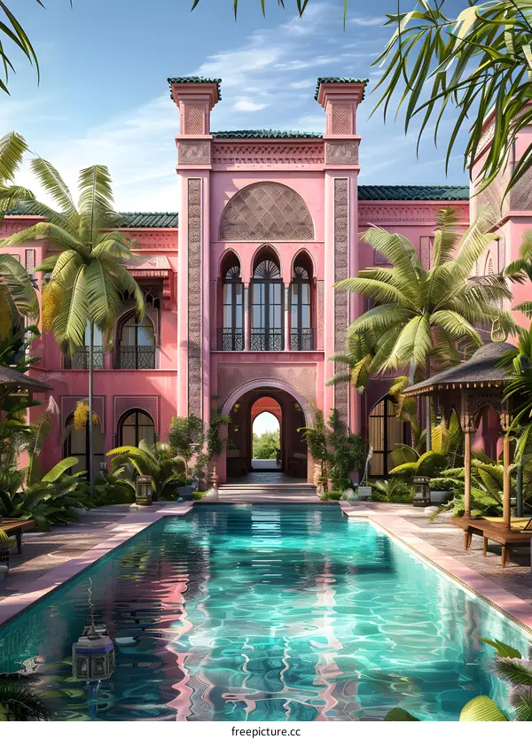 Courtyard of a Moroccan style villa with swimming pool
