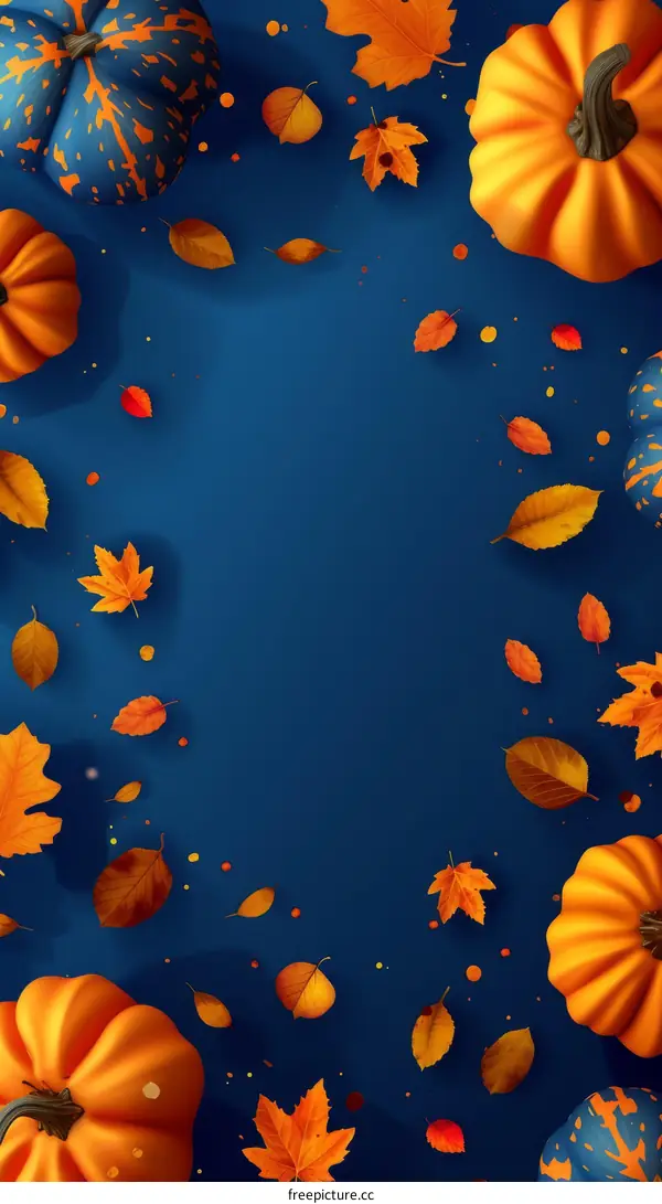 Blue background with pumpkins and fall leaves