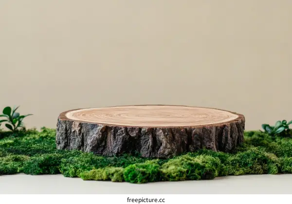 Wooden Stump Display Platform on Green Moss Background