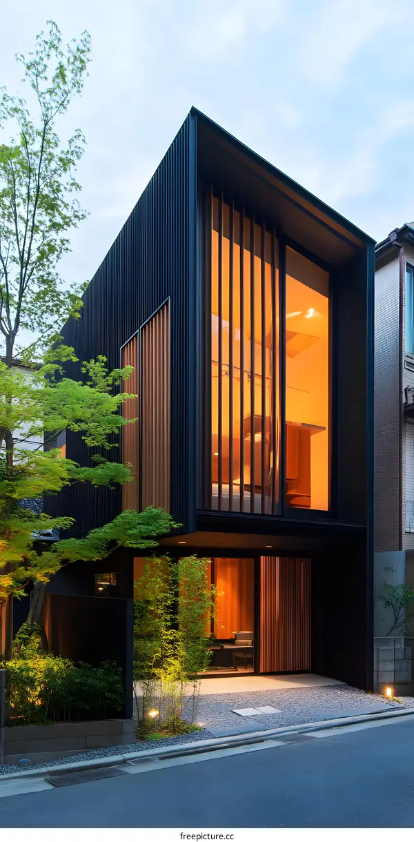 Modern Black and Wood House with Large Windows