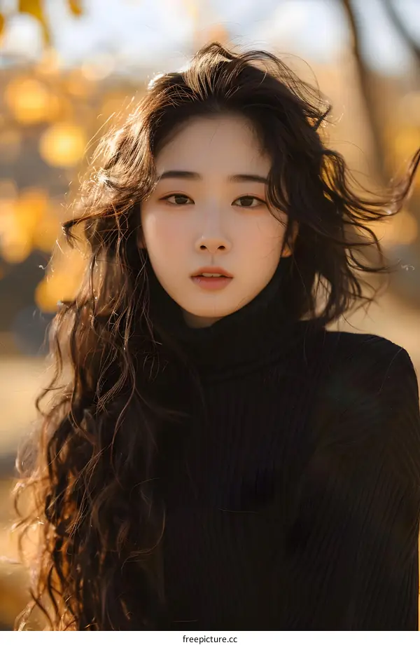 Beautiful Asian Woman With Long Hair In The Autumn