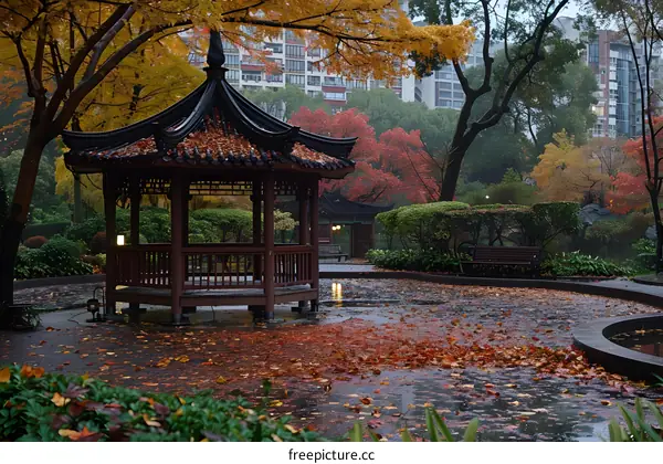 Autumn Garden Pavilion with Fallen Leaves