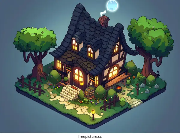 Fantasy Cottage with Moon and Trees Illustration