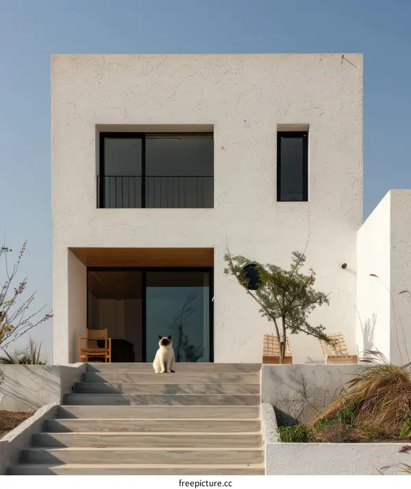 A Minimalist White House with a Cat Sitting on the Porch