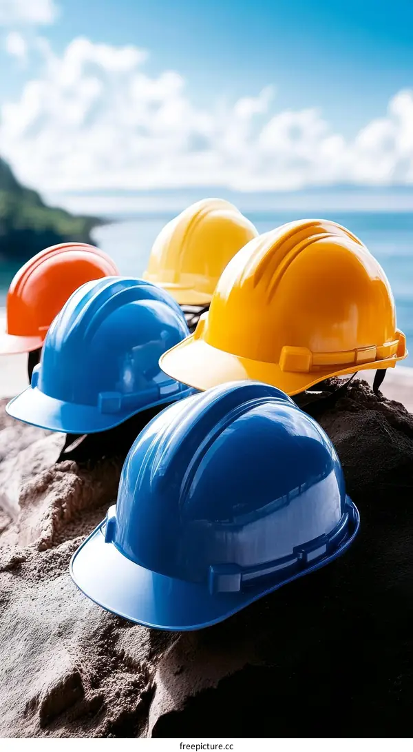 Colorful Safety Hard Hats on a Rocky Surface