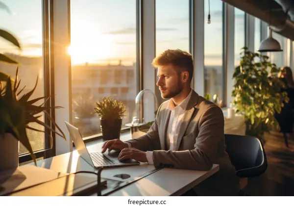 Businessman working on laptop in modern office with large windows