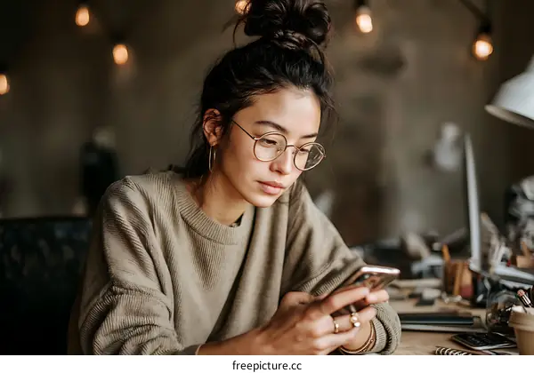 Young Asian Woman Using Smartphone in Cozy Cafe Setting