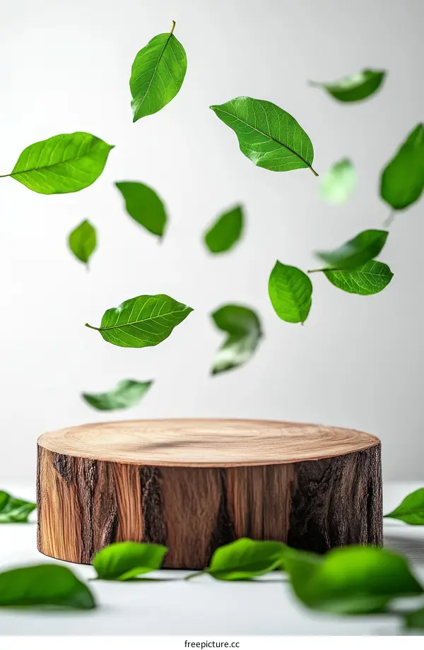 Wooden Display Stand with Falling Leaves