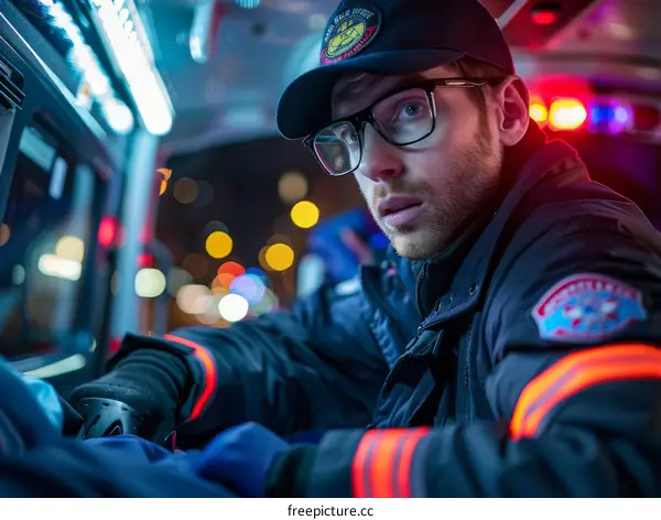 Portrait of a male paramedic wearing glasses and a cap