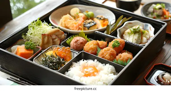 Japanese Food Bento Box With Fried Shrimp And Egg