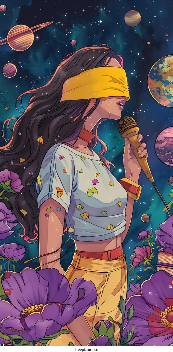 Cosmic Serenade: Woman Singing Amidst the Stars