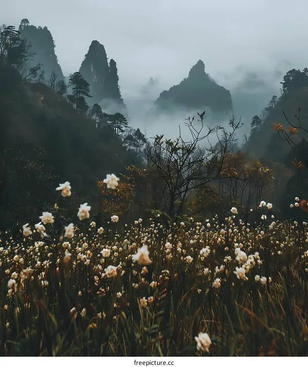 Misty Mountain Landscape with White Flowers