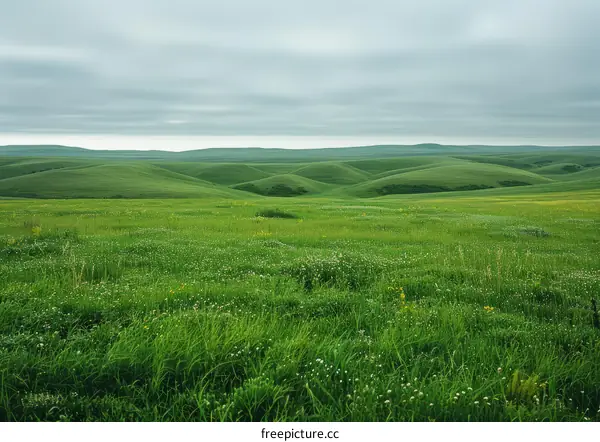 Green rolling hills under cloudy sky