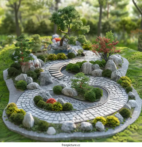 Miniature Zen Garden with Stone Path, Trees, and Bushes