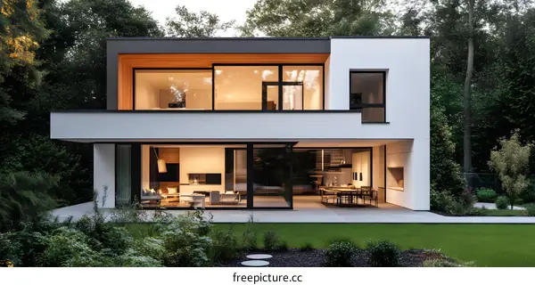 Modern White House with Large Windows and a Green Lawn