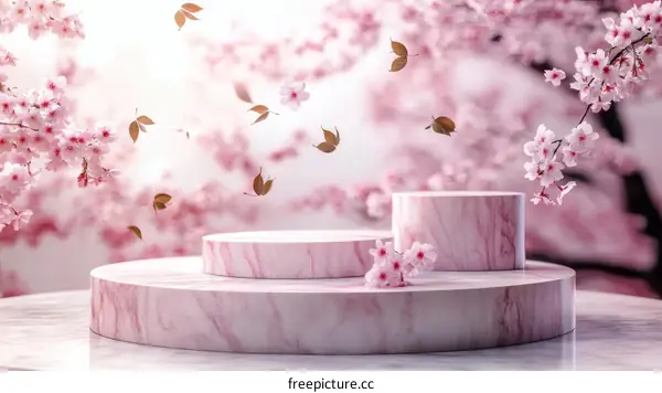 Pink Marble Podium with Cherry Blossom Background