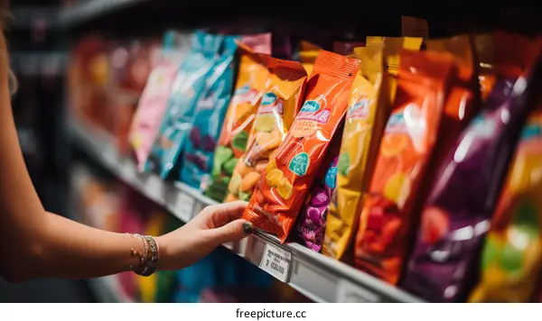A woman's hand reaching for a bag of candy on a grocery store shelf
