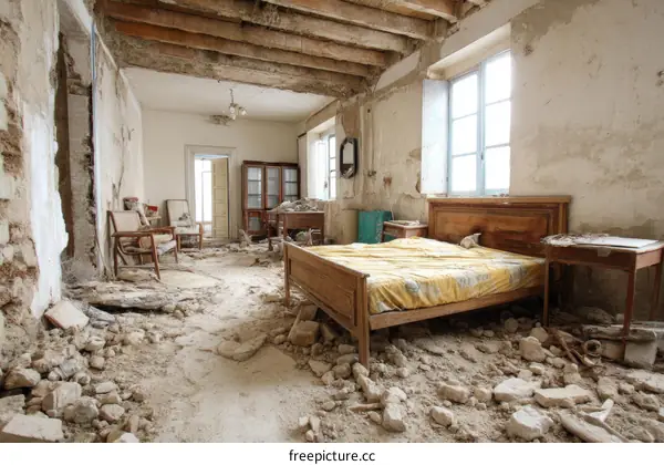 Ruined Interior of an Old House Bedroom