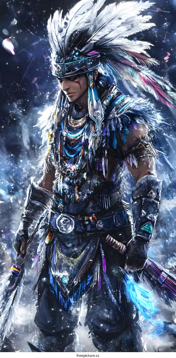 Native American Warrior Illustration with Feathers and Blue Colors
