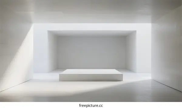 Minimalist white room with a central platform and soft light