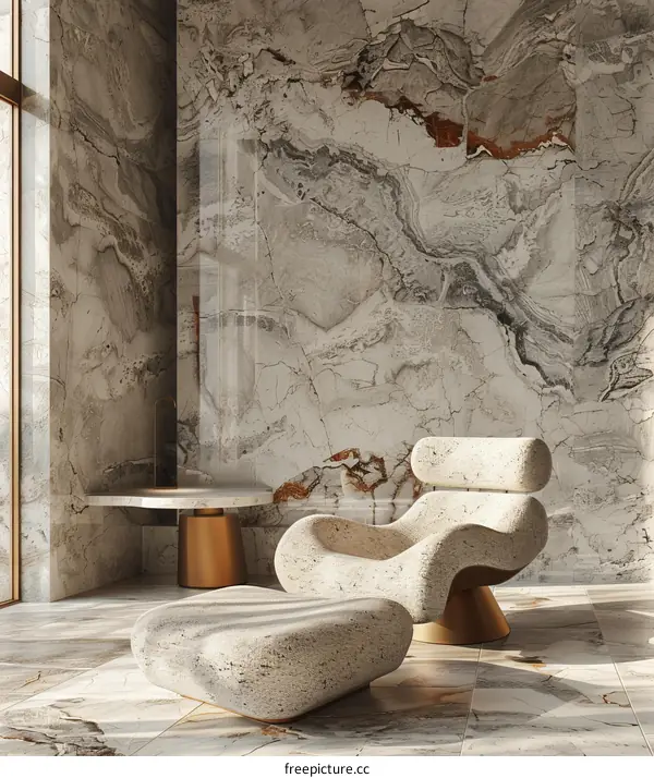 Modern Stone Lounge Chair and Ottoman in Contemporary Interior