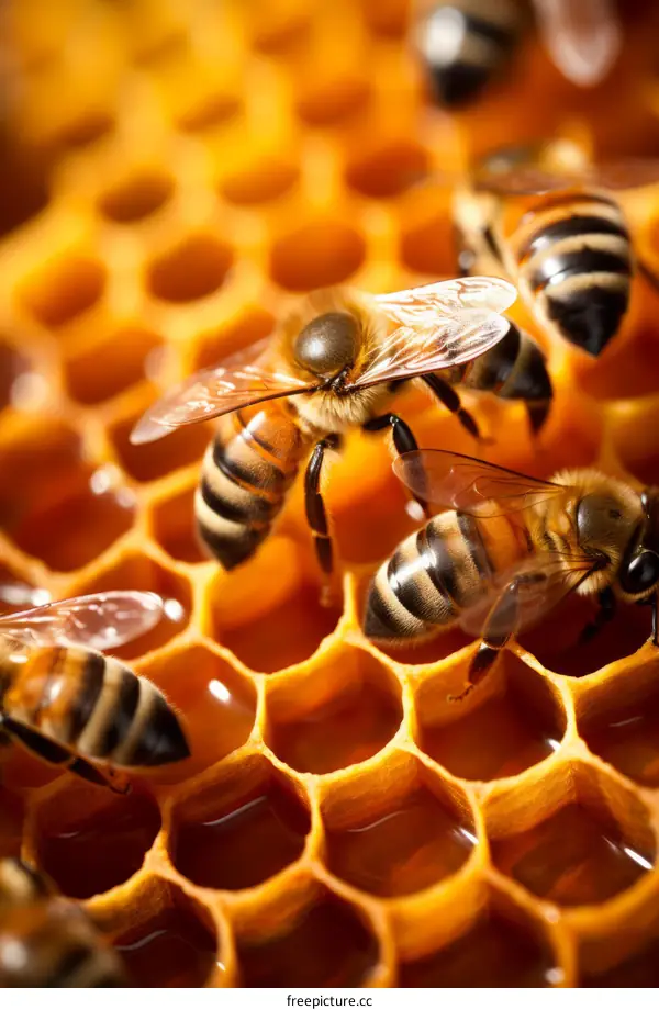 Close-up of Honey Bees on Honeycomb