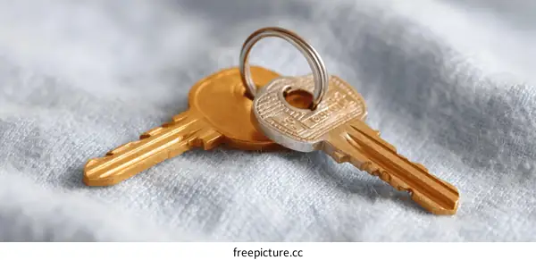 Two Keys on a Light Blue Fabric Background
