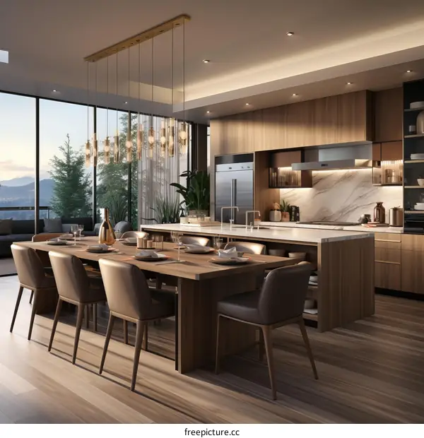 brown wooden minimalist dining room and kitchen interior design