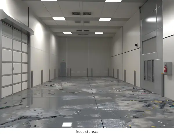 Empty Warehouse Interior With Concrete Floor And Debris