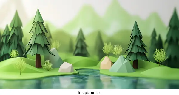 Papercraft Forest Scene with Green Trees and River