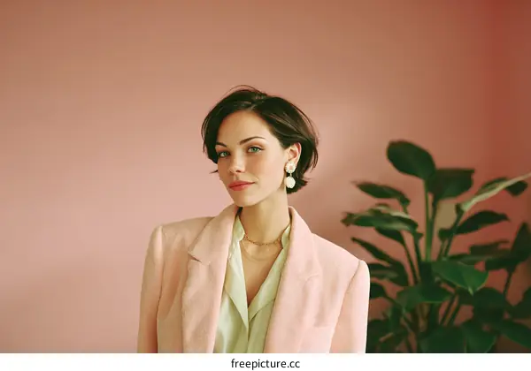 Stylish Woman in Pink Blazer against Pink Wall