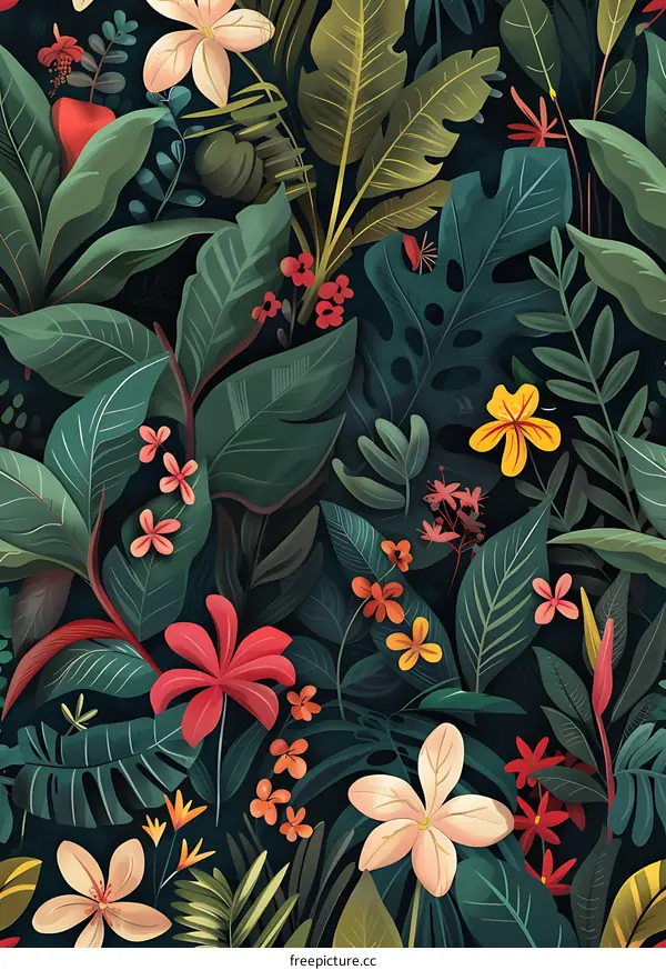 Tropical Seamless Pattern with Colorful Flowers and Leaves