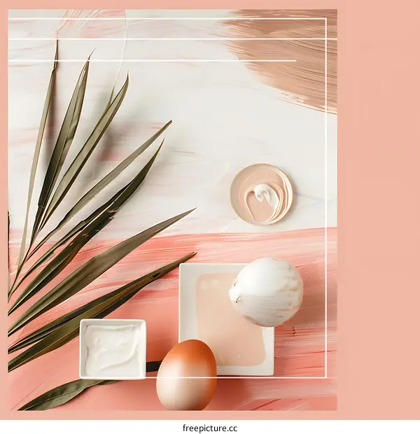 Minimalist Still Life with Eggs, Cream, and Palm Leaf