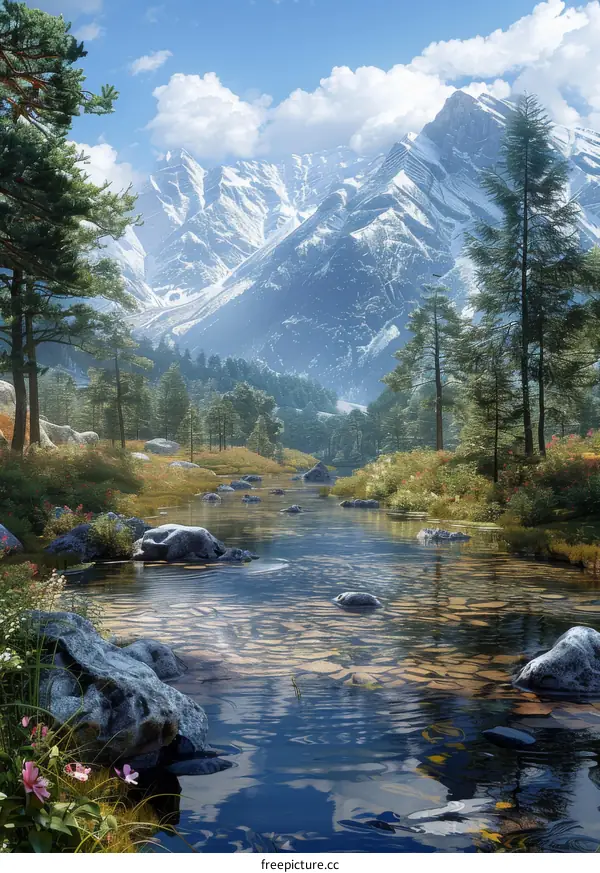 River Flows Through a Valley with Snow-Capped Mountains in the Distance