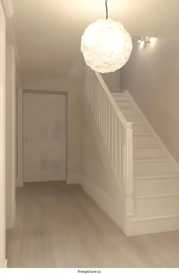 White Staircase with a Modern Light Fixture in a Modern Home