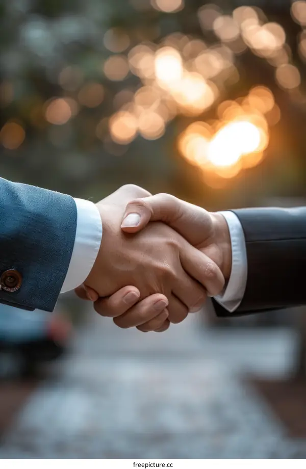 Businessmen shaking hands outdoors with a blurred background