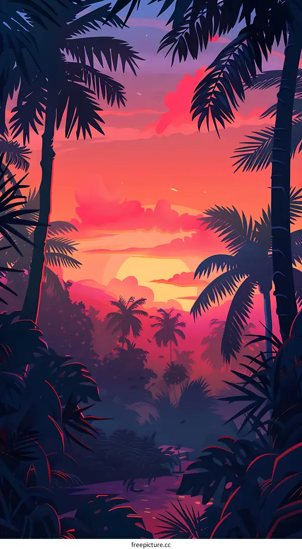 Tropical Sunset Landscape Illustration with Palm Trees