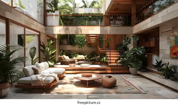 Modern Interior Design with Tropical Plants and Wooden Accents