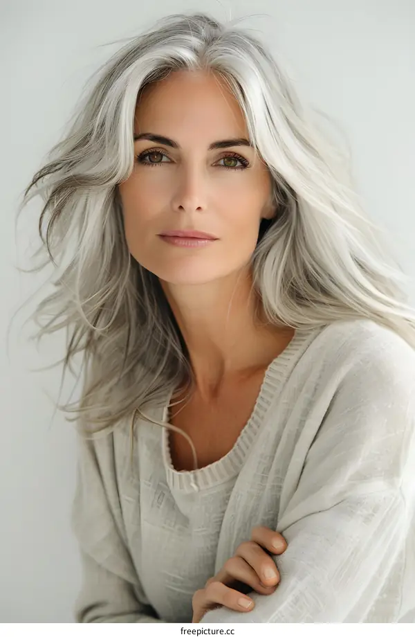 Portrait of a Beautiful Mature Woman with Silver Hair