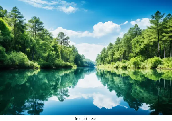 Serene River Reflecting Sky in Lush Forest