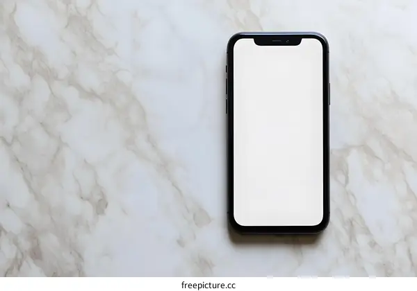Black Smartphone With White Screen Mockup On Marble Background