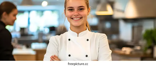 Smiling Female Chef Wearing White Uniform in a Kitchen